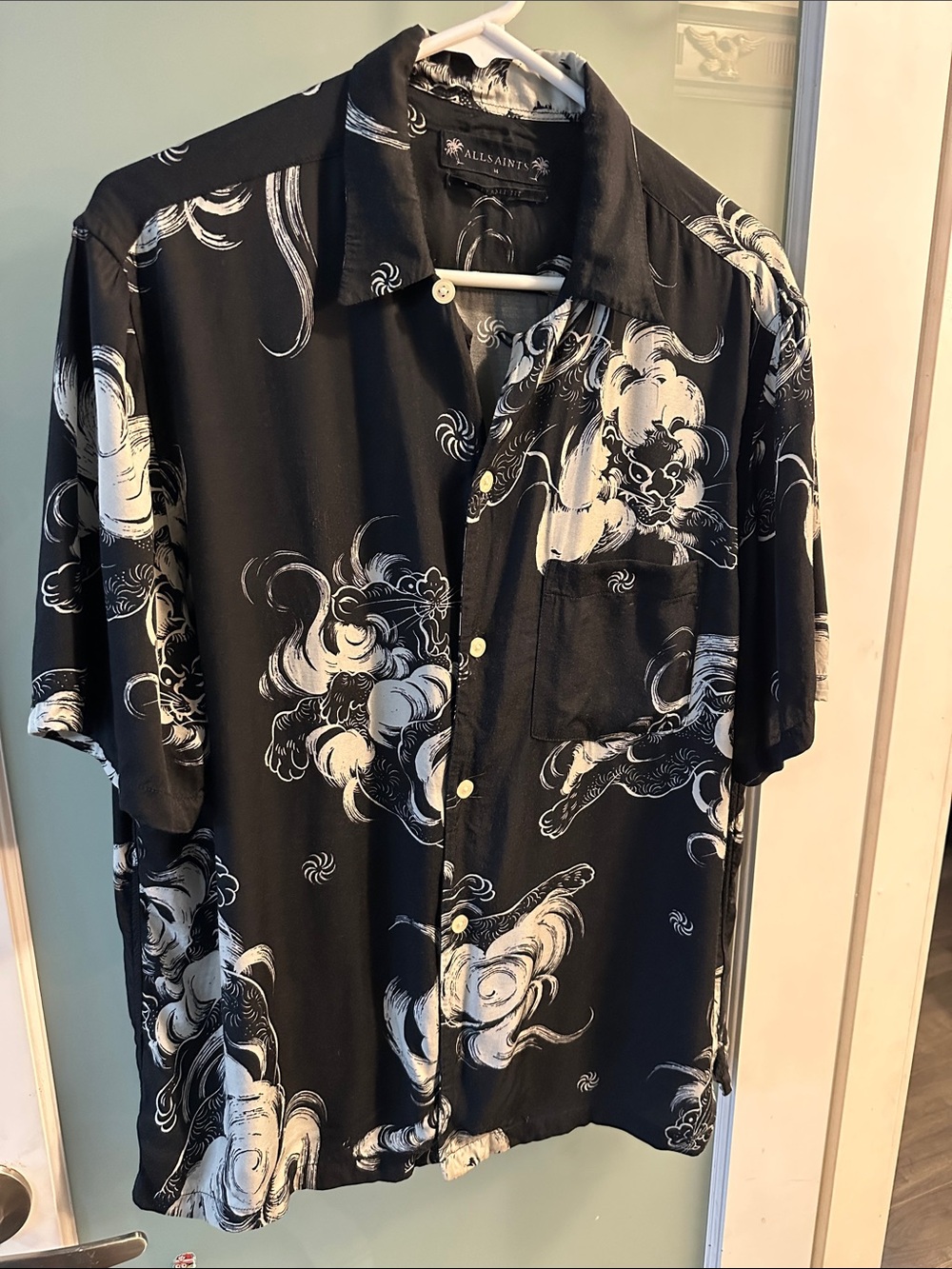All Saints Black Short-Sleeve Button-Up Shirt with White Lion Print